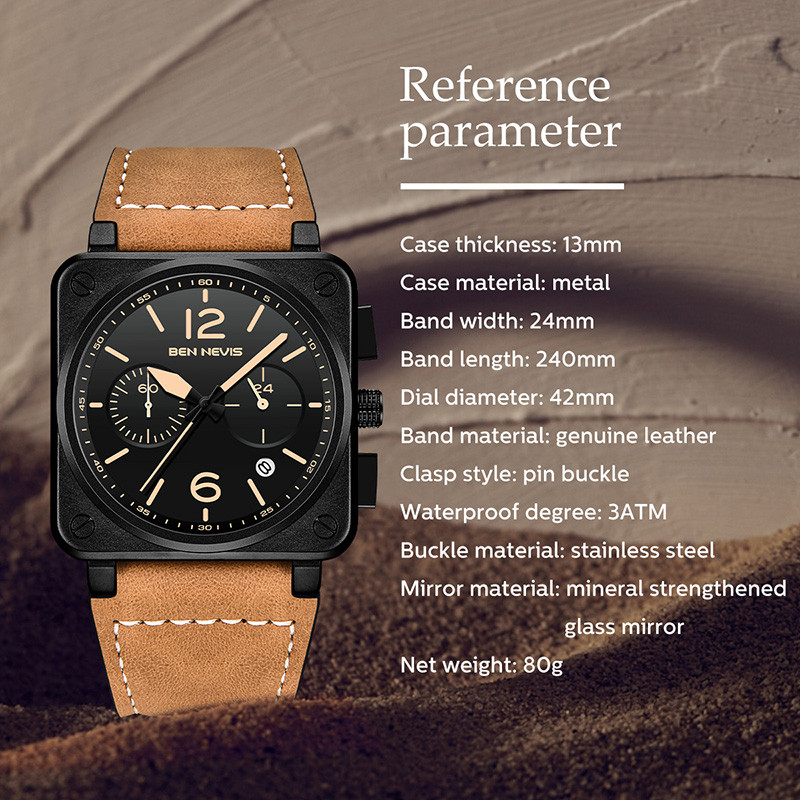 „Relogio Masculino BEN NEVIS“ vyriškas laikrodis Geriausios prekės ženklo vyriški laikrodžiai Chronograph Vandeniui atsparūs odiniai sportiniai kvadratiniai kvarciniai laikrodžiai vyrams
