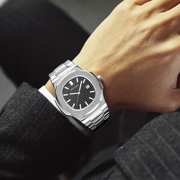 PINTIME Най-добра марка мъжки часовник Сребърен моден часовник с квадратно лице Каишка от неръждаема стомана Ежедневен ръчен часовник за мъже с календар