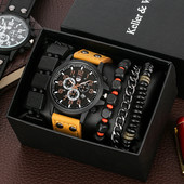 Σετ ρολόι χειρός μόδας για δώρο γενεθλίων για τον πατέρα Εξαιρετικό δώρο για την ημέρα του πατέρα Βραχιόλι στο δερμάτινο ρολόι Dad με ημερολόγιο