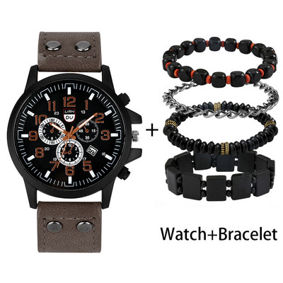 Σετ ρολόι χειρός μόδας για δώρο γενεθλίων για τον πατέρα Εξαιρετικό δώρο για την ημέρα του πατέρα Βραχιόλι στο δερμάτινο ρολόι Dad με ημερολόγιο