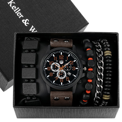 Σετ ρολόι χειρός μόδας για δώρο γενεθλίων για τον πατέρα Εξαιρετικό δώρο για την ημέρα του πατέρα Βραχιόλι στο δερμάτινο ρολόι Dad με ημερολόγιο