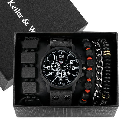 Σετ ρολόι χειρός μόδας για δώρο γενεθλίων για τον πατέρα Εξαιρετικό δώρο για την ημέρα του πατέρα Βραχιόλι στο δερμάτινο ρολόι Dad με ημερολόγιο