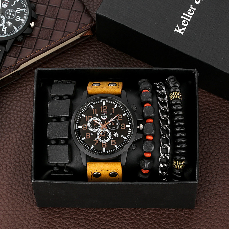 Σετ ρολόι χειρός μόδας για δώρο γενεθλίων για τον πατέρα Εξαιρετικό δώρο για την ημέρα του πατέρα Βραχιόλι στο δερμάτινο ρολόι Dad με ημερολόγιο