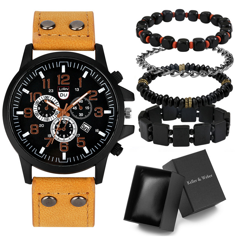 Σετ ρολόι χειρός μόδας για δώρο γενεθλίων για τον πατέρα Εξαιρετικό δώρο για την ημέρα του πατέρα Βραχιόλι στο δερμάτινο ρολόι Dad με ημερολόγιο