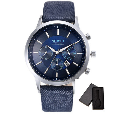 North Luxury Férfi karórák Vízálló valódi bőr divat alkalmi karóra férfi üzleti sportóra klasszikus kék ezüst 6009