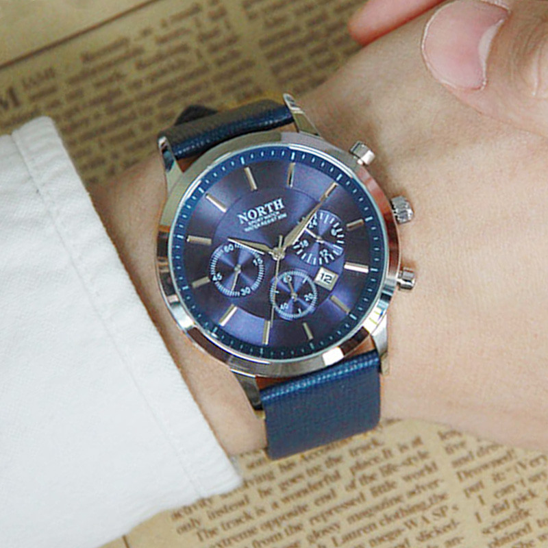 North Luxury Férfi karórák Vízálló valódi bőr divat alkalmi karóra férfi üzleti sportóra klasszikus kék ezüst 6009