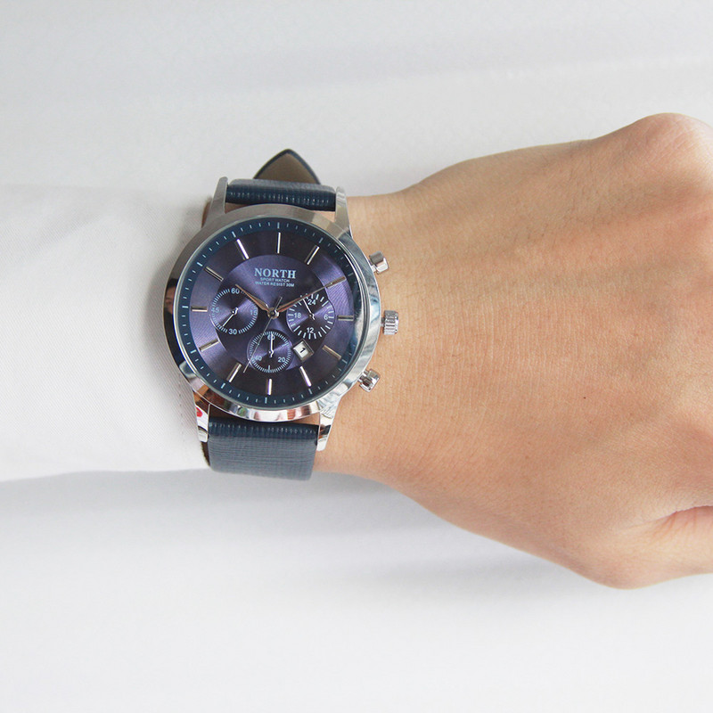 North Luxury Férfi karórák Vízálló valódi bőr divat alkalmi karóra férfi üzleti sportóra klasszikus kék ezüst 6009