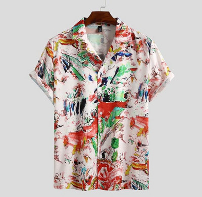 Ανδρικά ρούχα 2022 Καλοκαίρι Νέα Ανδρικά κοντομάνικα εμπριμέ πουκάμισα Ανδρικά πουκάμισα με πέτο της παραλίας