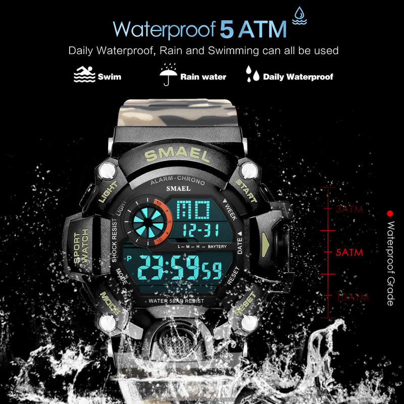 SMAEL Ceas digital sport militar impermeabil pentru bărbați cu iluminare din spate cu LED Ceas de mână electronic cu alarmă Calendar часы relogio 1385