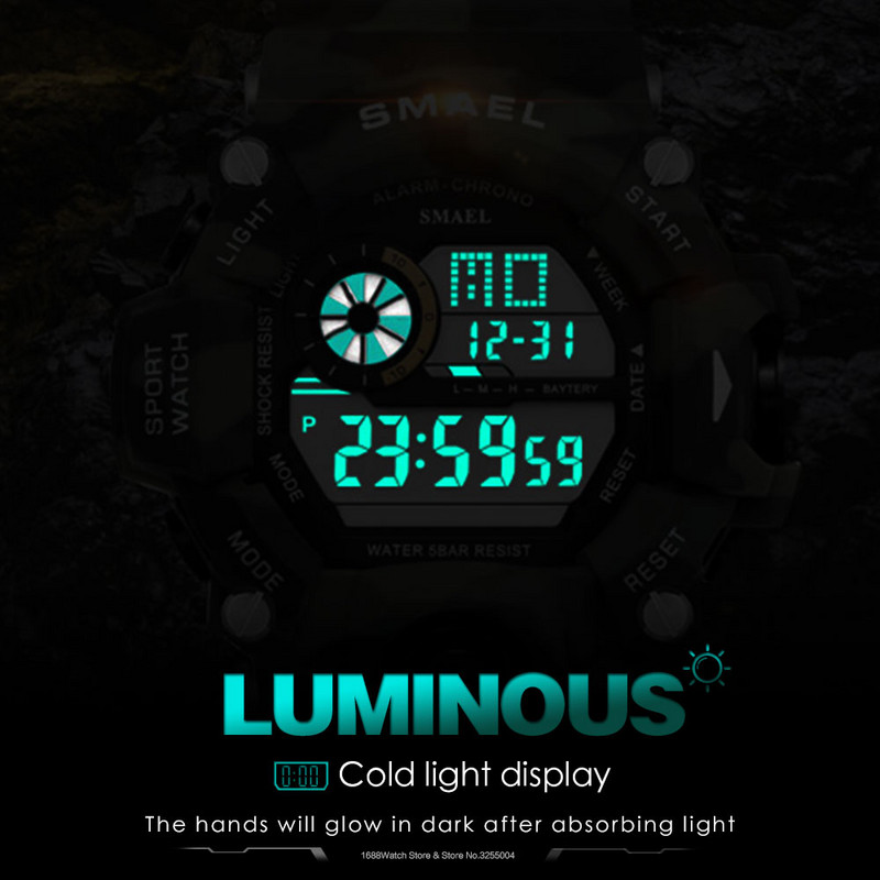 SMAEL Ceas digital sport militar impermeabil pentru bărbați cu iluminare din spate cu LED Ceas de mână electronic cu alarmă Calendar часы relogio 1385