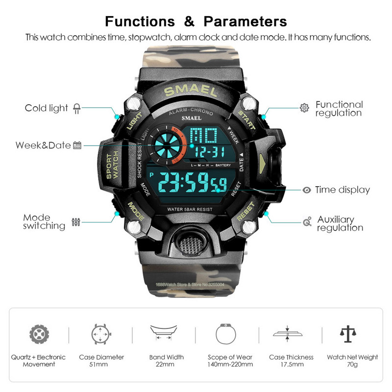 SMAEL Ceas digital sport militar impermeabil pentru bărbați cu iluminare din spate cu LED Ceas de mână electronic cu alarmă Calendar часы relogio 1385