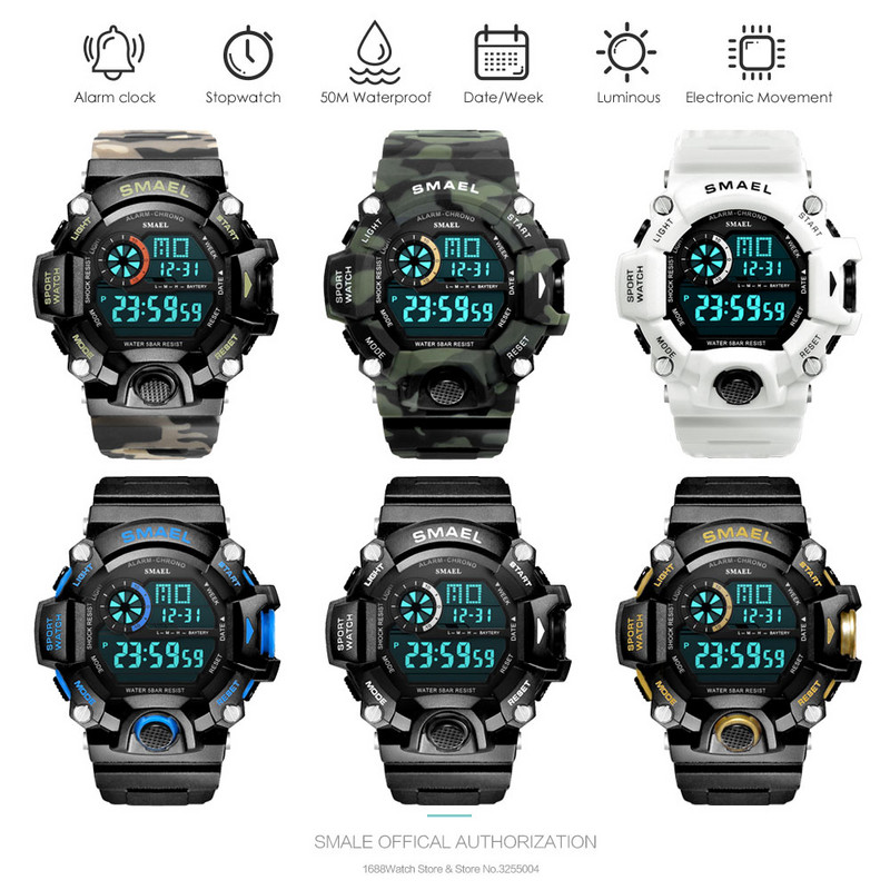 SMAEL Ceas digital sport militar impermeabil pentru bărbați cu iluminare din spate cu LED Ceas de mână electronic cu alarmă Calendar часы relogio 1385