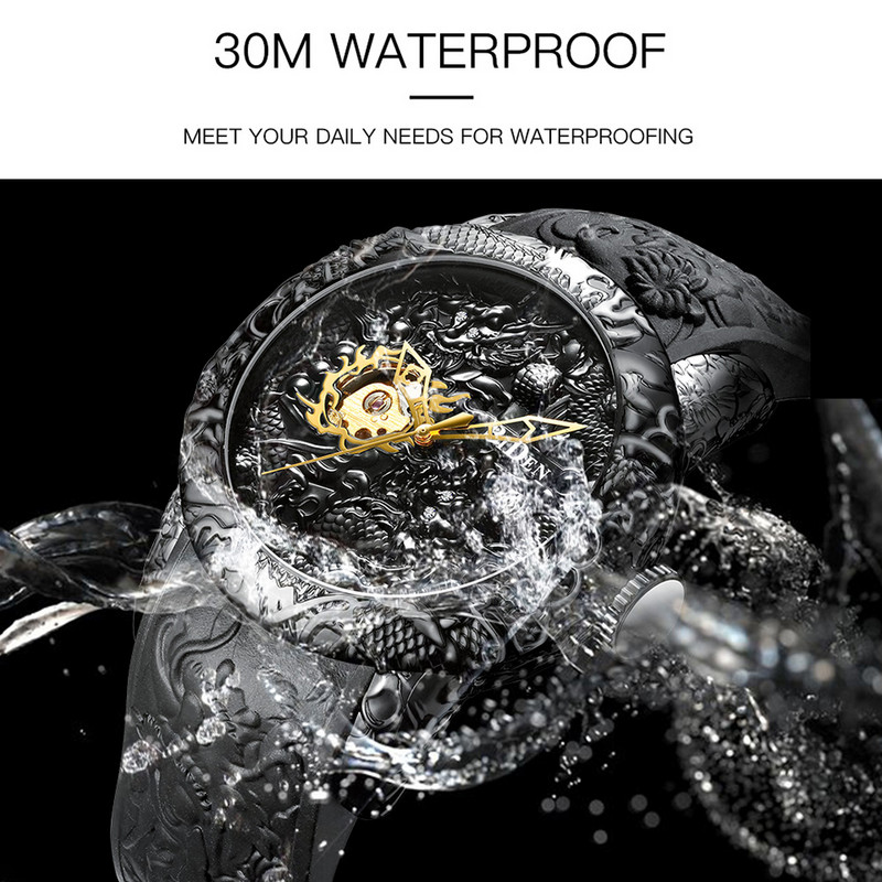 Férfi Mechanikus karóra Férfi Nagy karórák Arany Full Fekete karóra Kreatív Arany Sárkány karóra Lézergravírozott férfi óra Reloj