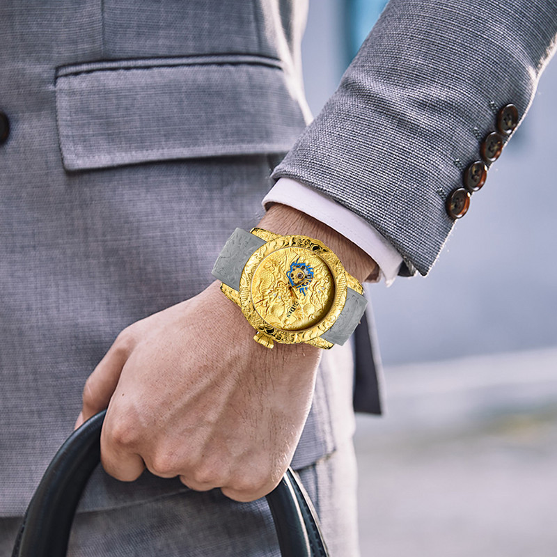 Férfi Mechanikus karóra Férfi Nagy karórák Arany Full Fekete karóra Kreatív Arany Sárkány karóra Lézergravírozott férfi óra Reloj