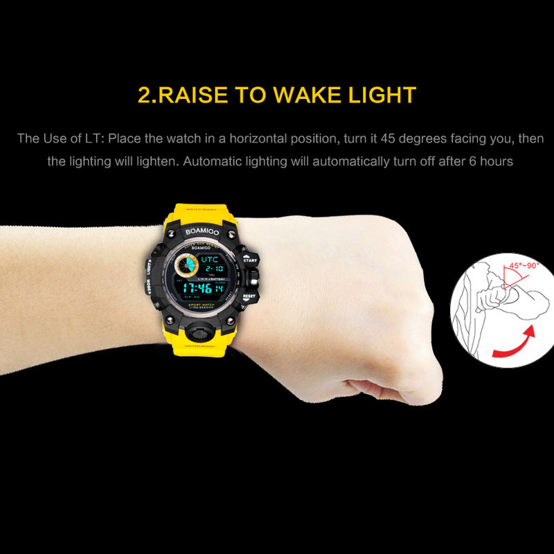 Férfi sportórák BOAMIGO márkájú digitális LED narancssárga Shock úszó katonai gumi karórák vízálló óra Relogio Masculino