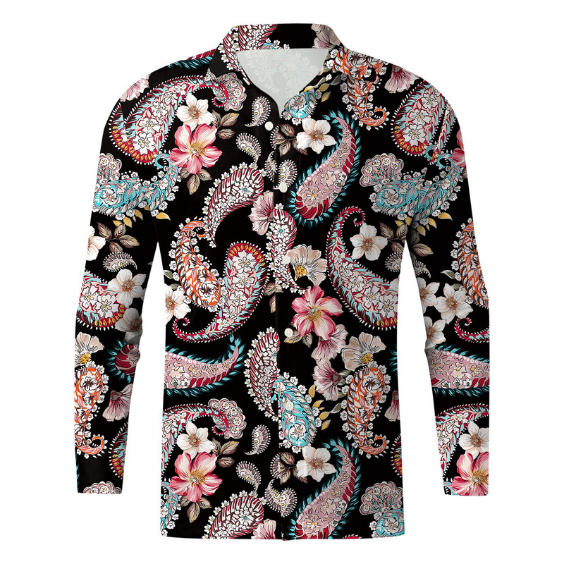 Paisley etniniai marškiniai su gėlėmis Vyriški marškinėliai ilgomis rankovėmis rudens žiemos mados viršutinė palaidinė Laisvalaikio marškiniai Retro gražūs vyriški vintažiniai gatvės drabužiai