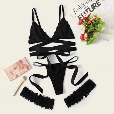 Γυναικεία δαντέλα σέξι εσώρουχα Hollow Lace Up Σέξι G-String σουτιέν Σετ εσώρουχα Κόκκινο αναπνεύσιμο Push Up Γυναικείο λουρί Leotard