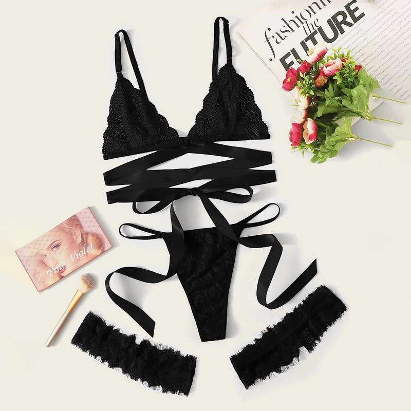 Γυναικεία δαντέλα σέξι εσώρουχα Hollow Lace Up Σέξι G-String σουτιέν Σετ εσώρουχα Κόκκινο αναπνεύσιμο Push Up Γυναικείο λουρί Leotard