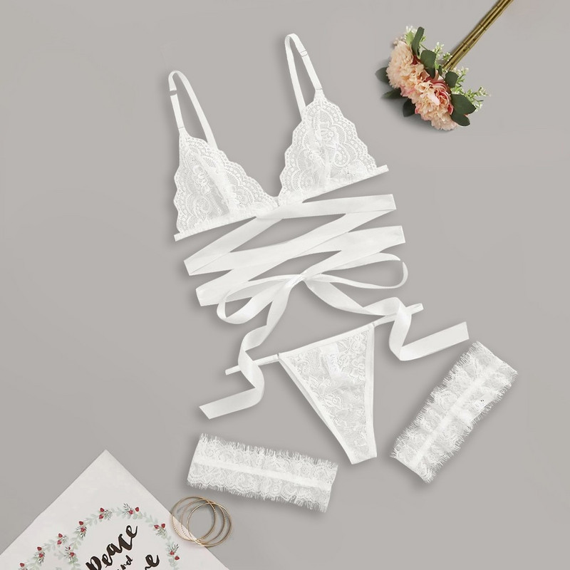 Γυναικεία δαντέλα σέξι εσώρουχα Hollow Lace Up Σέξι G-String σουτιέν Σετ εσώρουχα Κόκκινο αναπνεύσιμο Push Up Γυναικείο λουρί Leotard