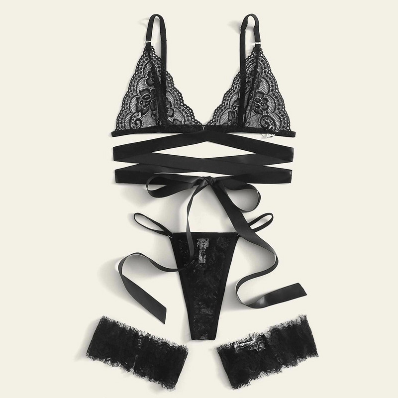 Γυναικεία δαντέλα σέξι εσώρουχα Hollow Lace Up Σέξι G-String σουτιέν Σετ εσώρουχα Κόκκινο αναπνεύσιμο Push Up Γυναικείο λουρί Leotard