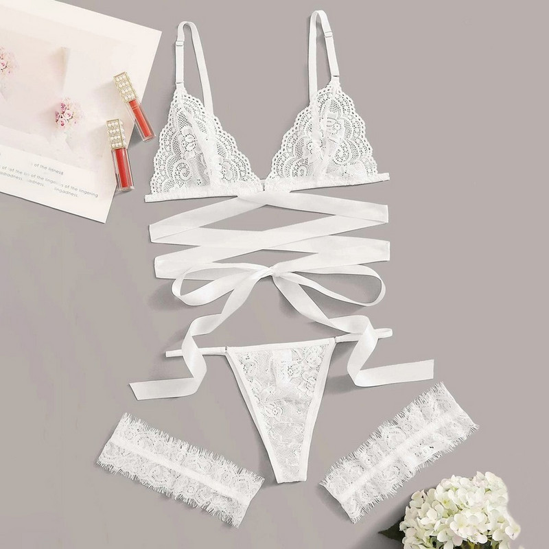 Γυναικεία δαντέλα σέξι εσώρουχα Hollow Lace Up Σέξι G-String σουτιέν Σετ εσώρουχα Κόκκινο αναπνεύσιμο Push Up Γυναικείο λουρί Leotard