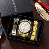 Zelta luksusa pulkstenis vīriešiem nerūsējošā tērauda modes kalendārs kvarca pulkstenis vīriešu rokassprādzes brīvā laika dāvanu komplekts vīram Montre sievietei