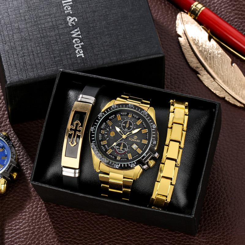 Zelta luksusa pulkstenis vīriešiem nerūsējošā tērauda modes kalendārs kvarca pulkstenis vīriešu rokassprādzes brīvā laika dāvanu komplekts vīram Montre sievietei