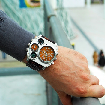 Oulm Спортни часовници Супер голям стил Кварцов часовник Мъжки двойна часова зона Декоративен термометър Компас PU Мъжки ръчен часовник
