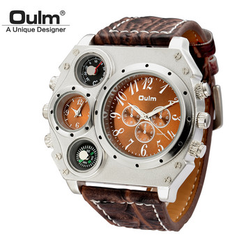 Oulm Спортни часовници Супер голям стил Кварцов часовник Мъжки двойна часова зона Декоративен термометър Компас PU Мъжки ръчен часовник