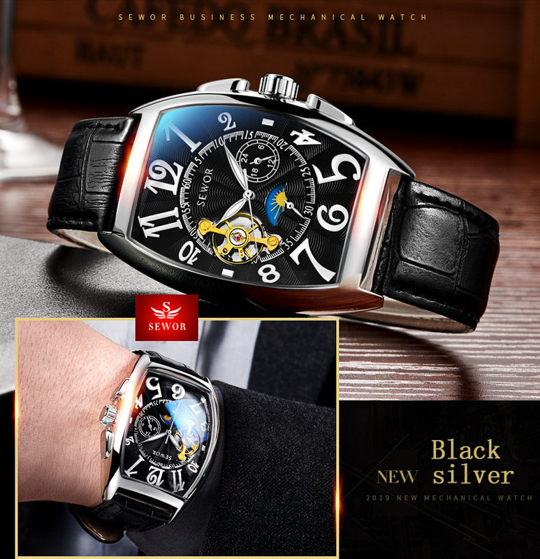 SEWOR Fashion Πολυτελές χρυσό ρολόι Ανδρικά Ρολόγια Mon Phase Tourbillon Μικρά δευτερόλεπτα Αυτόματα μηχανικά ρολόγια χειρός Reloj Hombre
