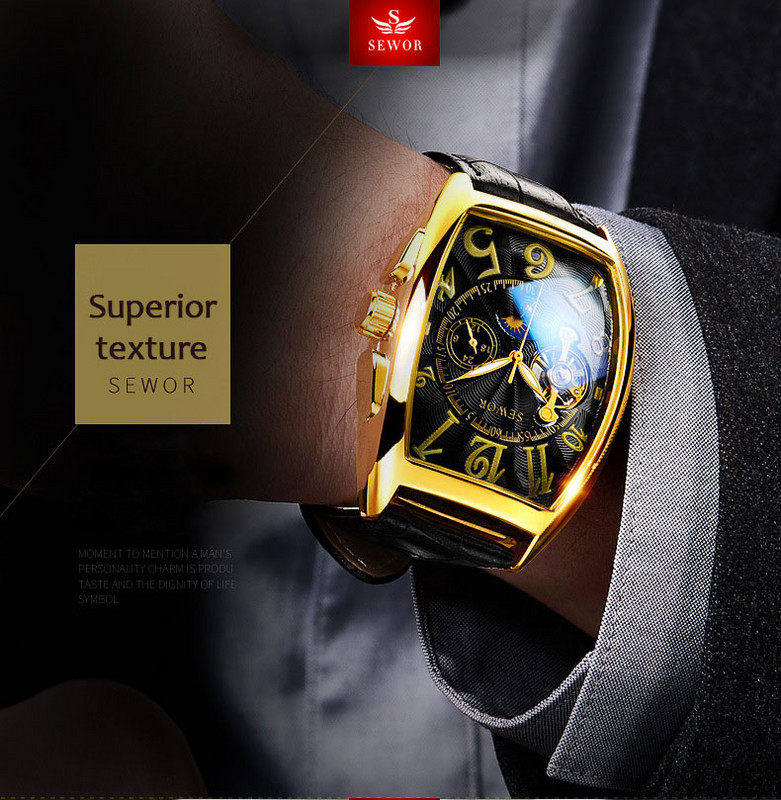 SEWOR Fashion Πολυτελές χρυσό ρολόι Ανδρικά Ρολόγια Mon Phase Tourbillon Μικρά δευτερόλεπτα Αυτόματα μηχανικά ρολόγια χειρός Reloj Hombre