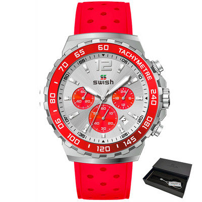 SWISH 24 órás sport kvarc férfi karóra ezüst számlap Kronográf dátum gumiszalag kék zöld narancssárga keret fényes acél tok díszdoboz