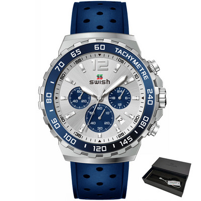 SWISH 24 órás sport kvarc férfi karóra ezüst számlap Kronográf dátum gumiszalag kék zöld narancssárga keret fényes acél tok díszdoboz