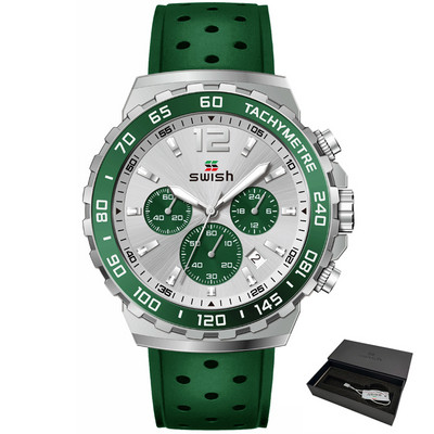 SWISH 24 órás sport kvarc férfi karóra ezüst számlap Kronográf dátum gumiszalag kék zöld narancssárga keret fényes acél tok díszdoboz