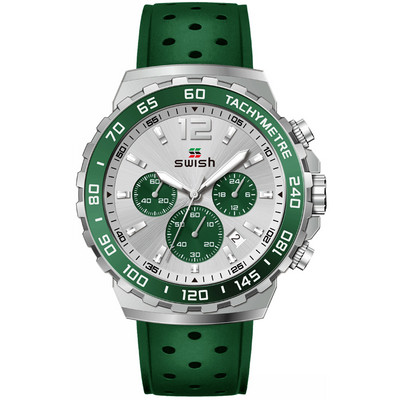 SWISH 24 órás sport kvarc férfi karóra ezüst számlap Kronográf dátum gumiszalag kék zöld narancssárga keret fényes acél tok díszdoboz