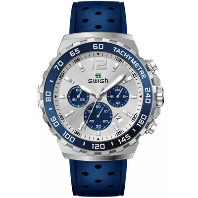 SWISH 24 órás sport kvarc férfi karóra ezüst számlap Kronográf dátum gumiszalag kék zöld narancssárga keret fényes acél tok díszdoboz