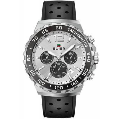 SWISH 24 órás sport kvarc férfi karóra ezüst számlap Kronográf dátum gumiszalag kék zöld narancssárga keret fényes acél tok díszdoboz