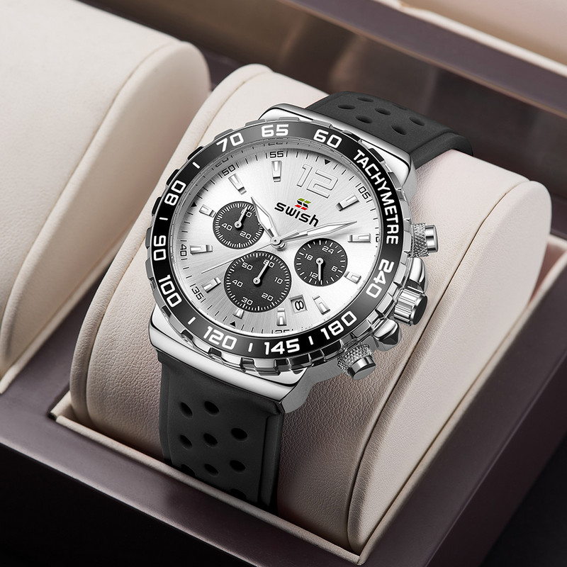 SWISH 24 órás sport kvarc férfi karóra ezüst számlap Kronográf dátum gumiszalag kék zöld narancssárga keret fényes acél tok díszdoboz