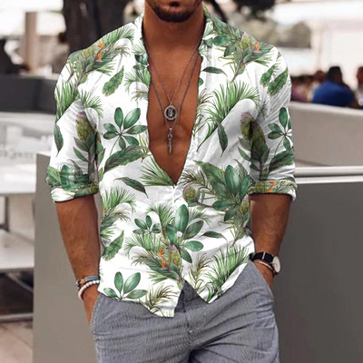 Vīriešu krekls Vīriešu Havaju krekls Rudens topi ar garām piedurknēm grezni zaļas lapas, 3d druka, balts tīteņi brīvdienu pludmales blūze vīriešu apģērbs
