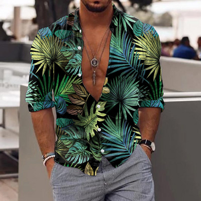 Vīriešu krekls Vīriešu Havaju krekls Rudens topi ar garām piedurknēm grezni zaļas lapas, 3d druka, balts tīteņi brīvdienu pludmales blūze vīriešu apģērbs