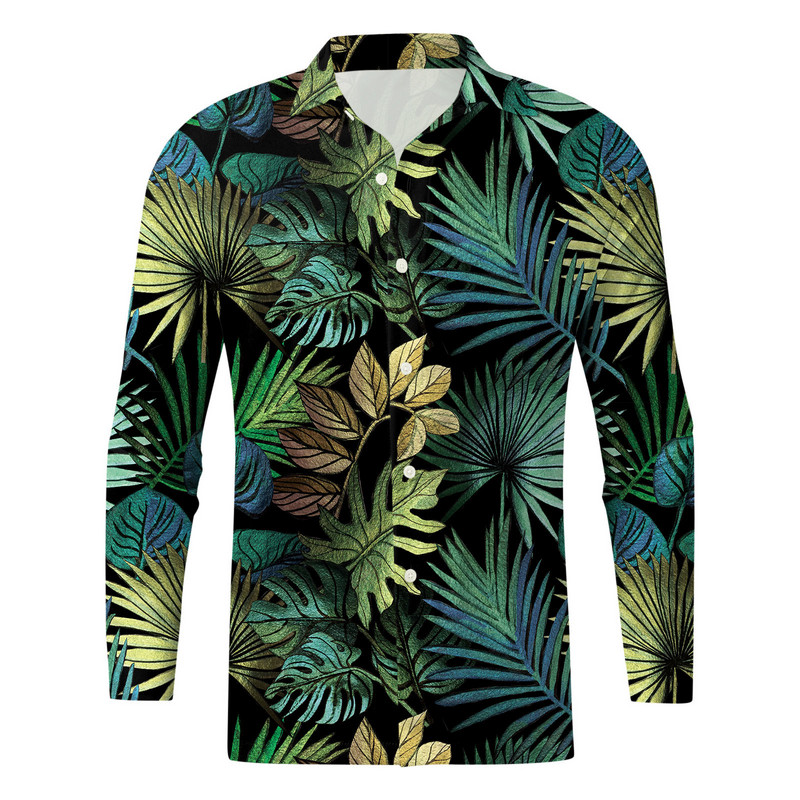 Vīriešu krekls Vīriešu Havaju krekls Rudens topi ar garām piedurknēm grezni zaļas lapas, 3d druka, balts tīteņi brīvdienu pludmales blūze vīriešu apģērbs