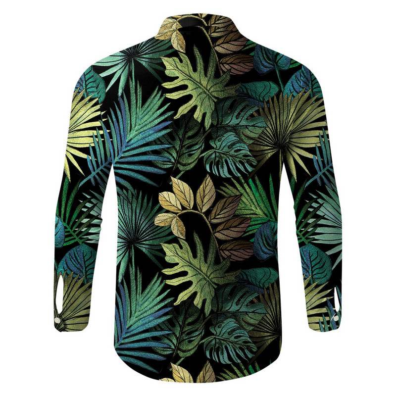 Vīriešu krekls Vīriešu Havaju krekls Rudens topi ar garām piedurknēm grezni zaļas lapas, 3d druka, balts tīteņi brīvdienu pludmales blūze vīriešu apģērbs