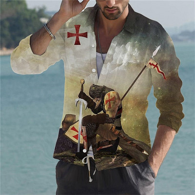 Vīriešu kreklu apdruka Legion Knight Patriot 3D druka skaidra raksta āra ielās ar garām piedurknēm pogas kokvilnas apģērbu dizainers