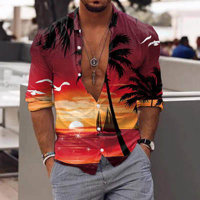 Pánske havajské tričká s kokosovou palmou, 3D potlačou, plážové tričko s dlhým rukávom, jesenné módne topy, pánska blúzka, camisa