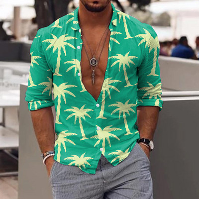 Pánske havajské tričká s kokosovou palmou, 3D potlačou, plážové tričko s dlhým rukávom, jesenné módne topy, pánska blúzka, camisa