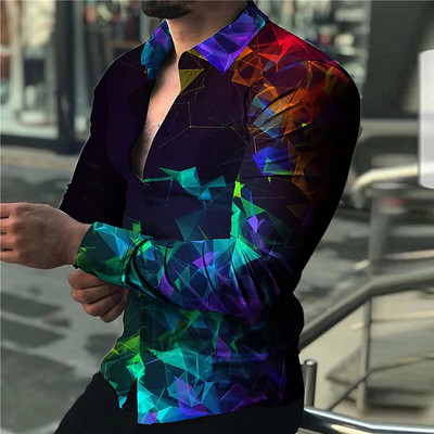 Tribal Fashion Vintage sporta vīriešu uzvalku ballīte Skaidrs grafisks krekls ar atloku pogas leju krekls ikdienas purpursarkani zils vīriešu kreklu topi