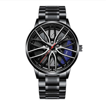 Автомобилни часовници за мъже, Водоустойчив кварцов ръчен часовник от неръждаема стомана Спортни мъжки часовници с дизайн на главината на джантата на колата часовници мъжки
