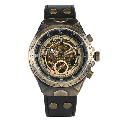 Férfi retro automata mechanikus karóra csontvázas karórák üzleti bronz tónusú elegáns órák fluoreszkáló mutatókkal