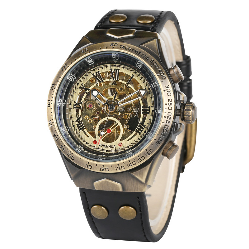 Férfi retro automata mechanikus karóra csontvázas karórák üzleti bronz tónusú elegáns órák fluoreszkáló mutatókkal