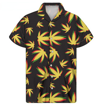 2022 Harajuku Cuban Yellow Weed Leaf Print Shirt Мъжка ежедневна риза с къс ръкав Лятна дишаща плажна риза